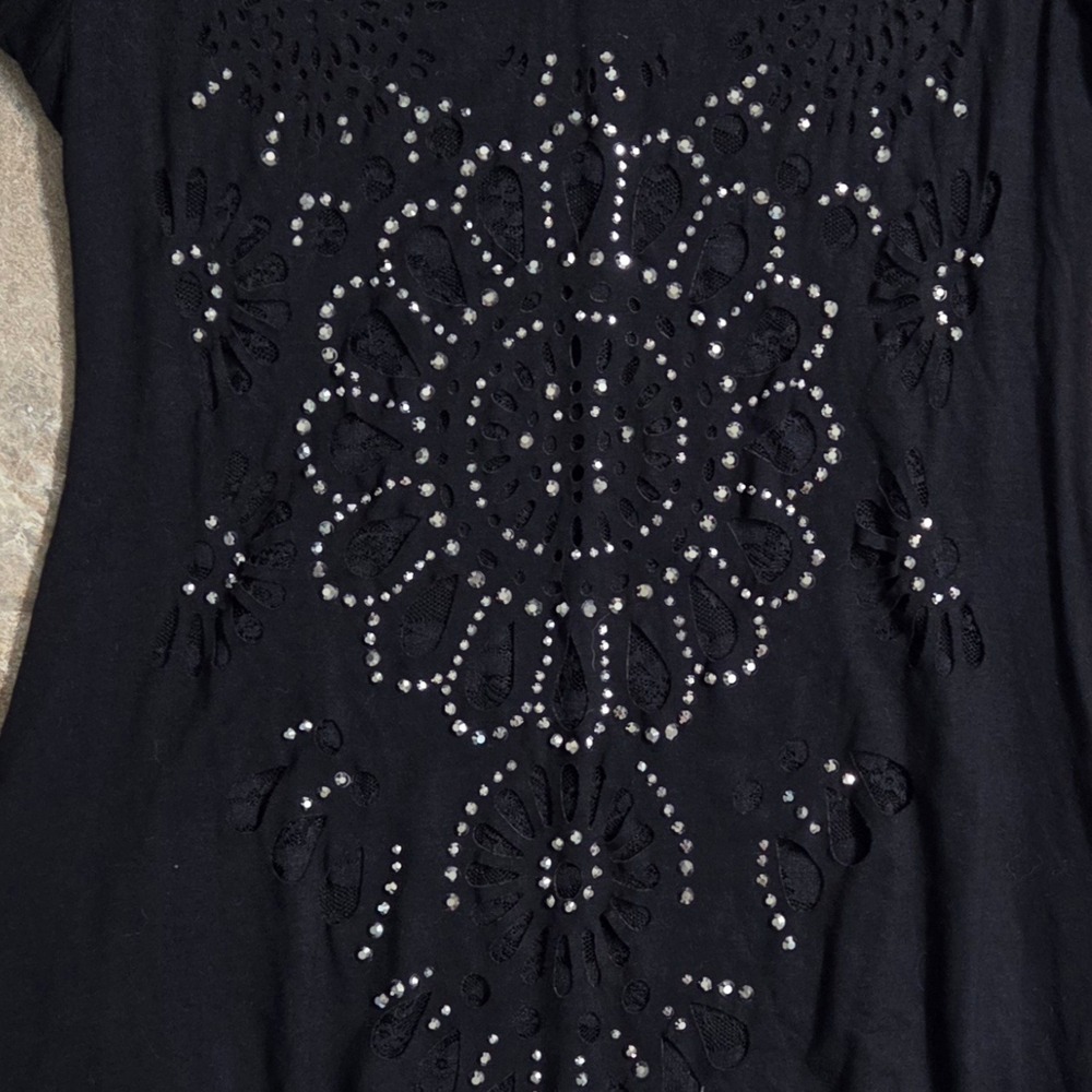 Vocal USA Black Rhinestone Laser Cut Lace Hem Tunic Mini Dress M  Y2K Edgy - Picture 7 of 11